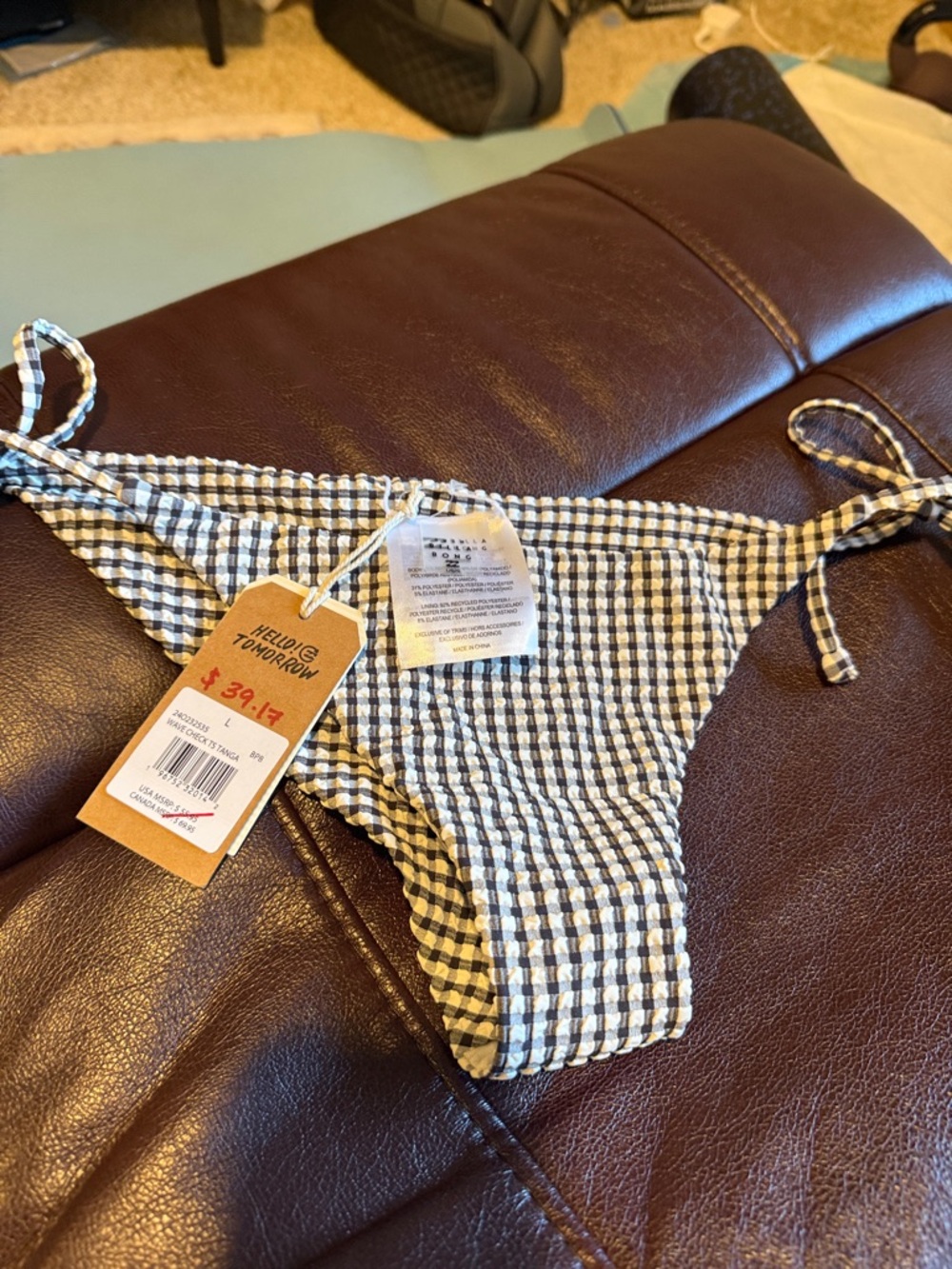 Gingham Tie-Side Bikini Bottom - Black & White billabong tanga style size large
